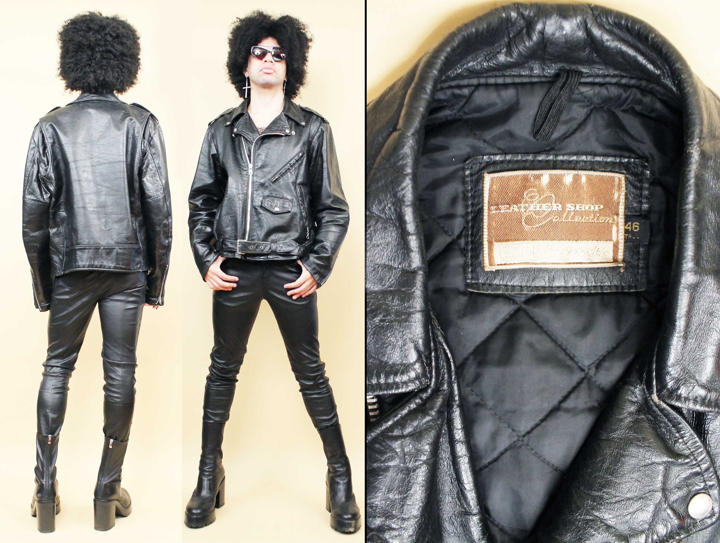 70s Vtg Distressed Black Leather Motorcycle Jacket Biker Moto