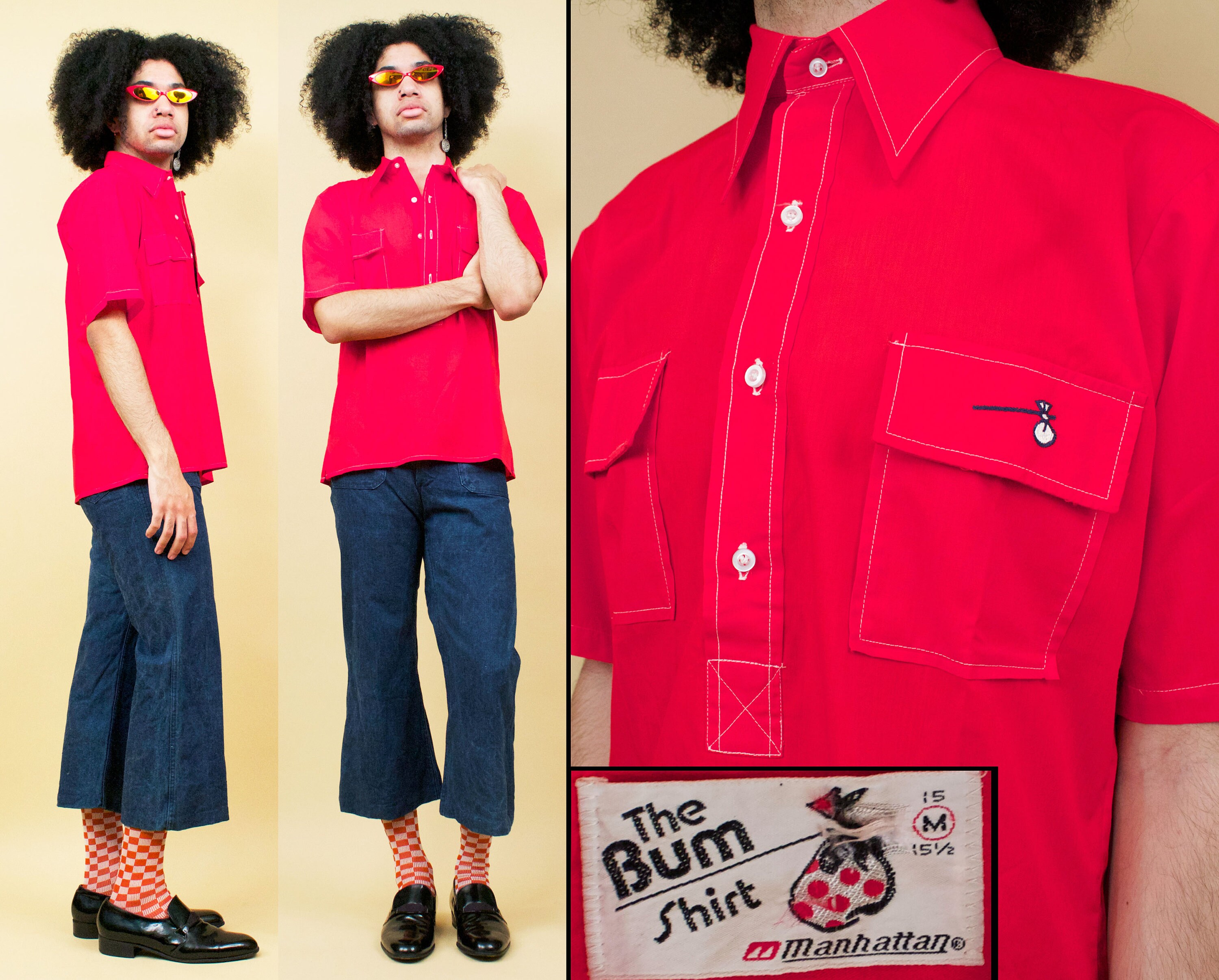 60s 70s Vtg Red Cotton Pointy Collar Button up Short Sleeve Shirt 