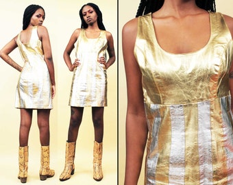 80s Vtg Silver & Gold Lamé Leather Panel Mini Dress Striped Go Go Sleeveless Glam Rock Star Women's tag Medium