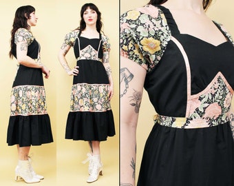 70s Vtg Black Cotton & Floral Illustration Knee Length Dress Prarie Cottage Core Hippie Folk Women's Small