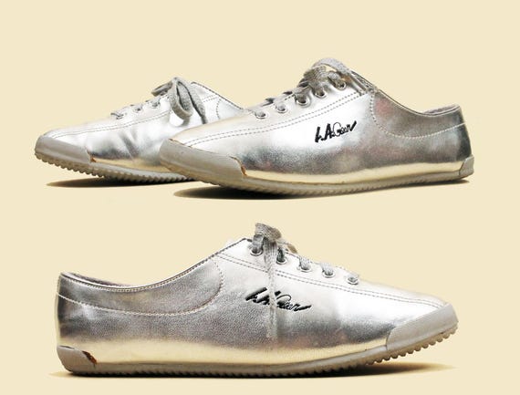 80s Vtg LA Gear Silver Metallic Sneakers Lace up Flats