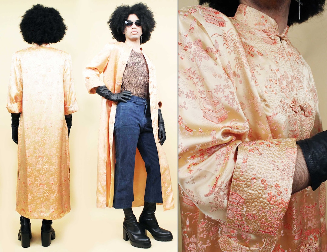 60s 70s Vtg Coral & Gold Satin Baroque Kimono Jacket Frog - Etsy