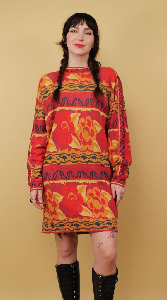 80s Vtg Floral 100% Cotton Sweater Mini Dress Lon… - image 3