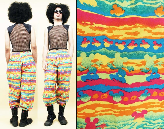 80s Vtg Disney Rainbow Neon Mickey Mouse Surfing Print Hammer Pants Skate Thrasher Surf Beach Unisex tag Men's XL