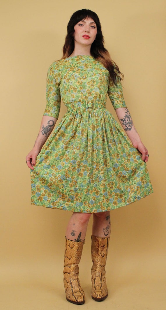 50s 60s Vtg Green Yellow Floral 3/4 Sleeve Day Dr… - image 3