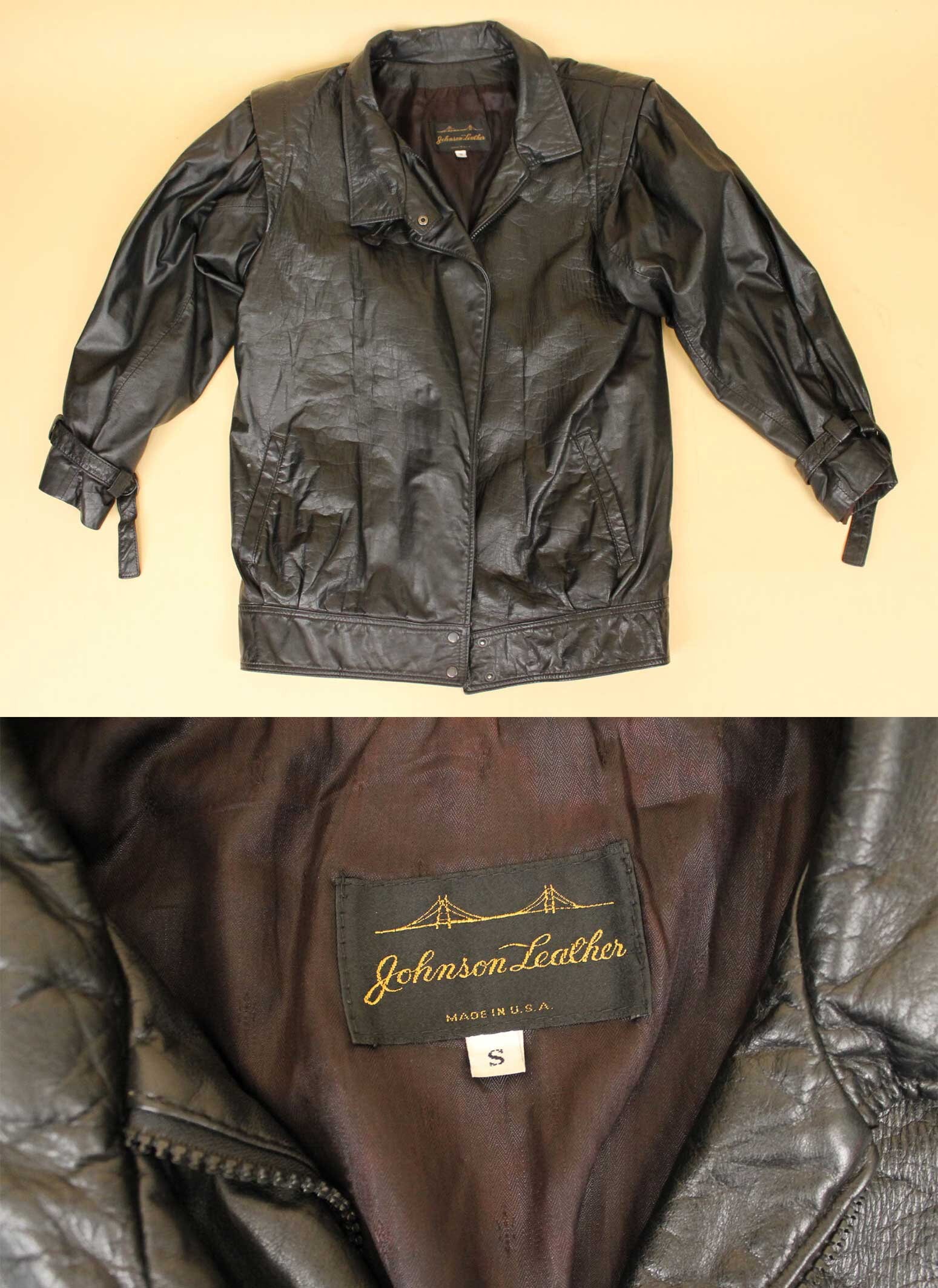 80s Vtg Black Leather Buckle Straight Jacket Mockneck Bubble Hem 