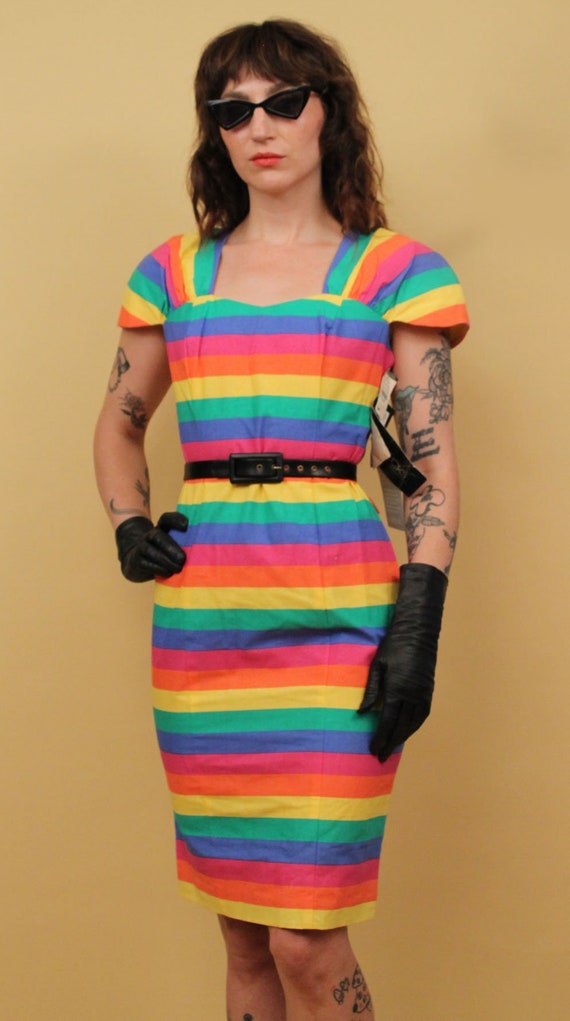 80s 90s Vtg Deadstock NWT Rainbow Striped Cotton … - image 3