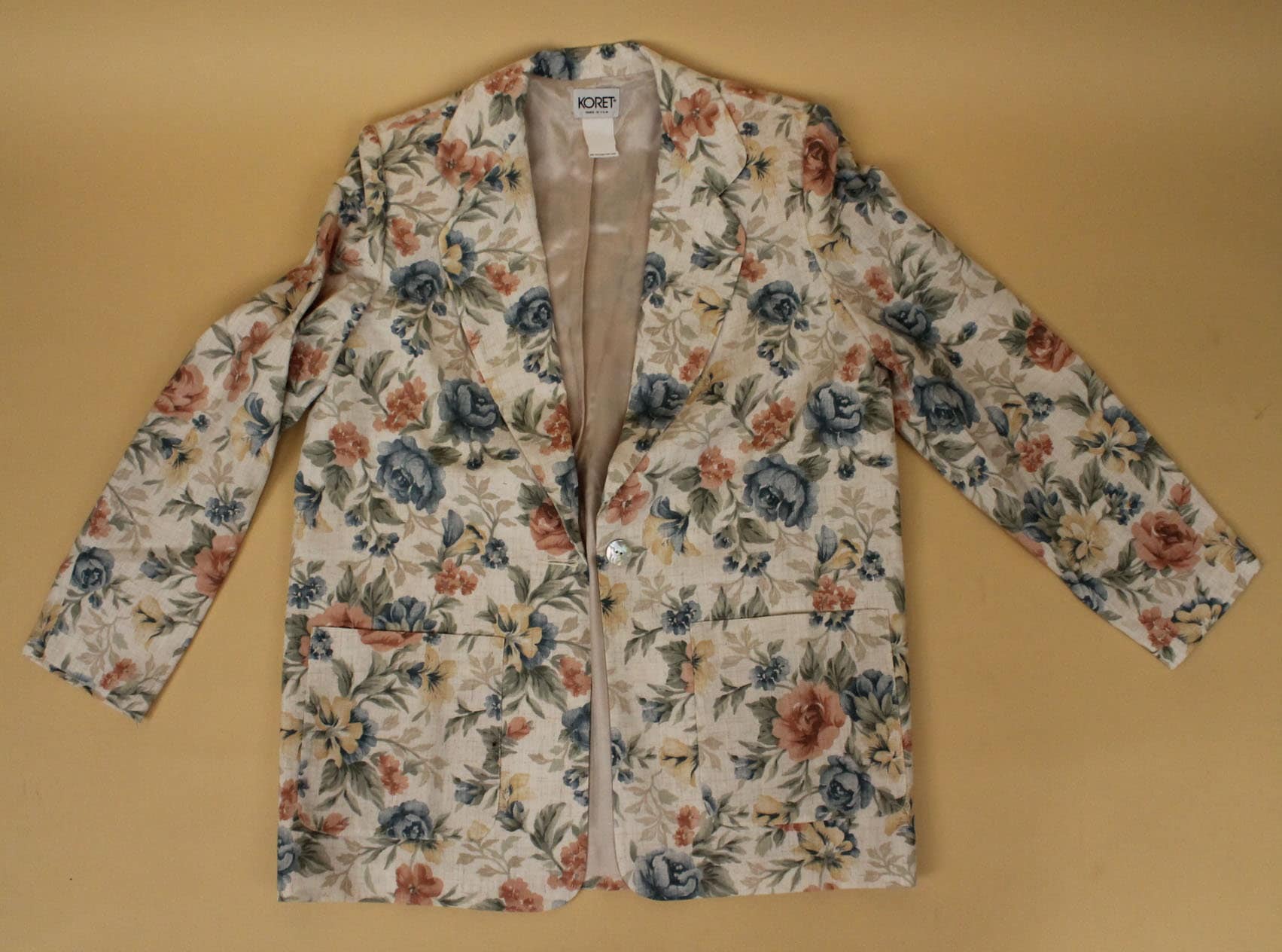 80s Vtg Floral Pastel Blazer Linen Collared Jacket Ugly