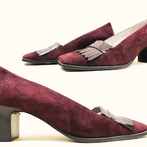 90-tals vintage italiensk vinröd mocka lackad tå platå tjock klack oxford slip-on fransar tofs fyrkantig tå designer dam US 6 EU 36