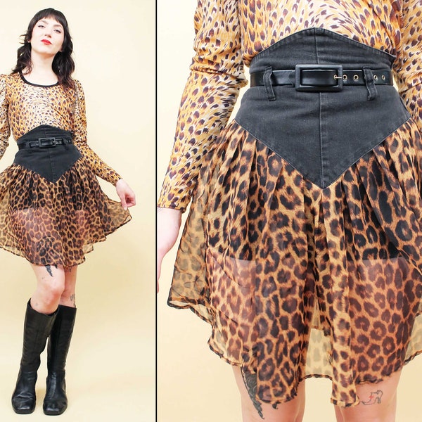 80s Vtg Sheer Leopard Print & Black Denim Skater High Waisted Skirt Corset Style See Through Circle Flounce Punk Metal New Wave Women's Xs