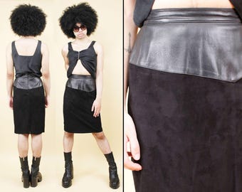 80s Vtg Black Leather Suede Pencil Skirt Wiggle Fetish Dom Punk Metal Women's tag 10 Sm W26" H36" L26" Saks Fifth Ave EUC