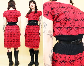 80s Vtg Red & Black Acrylic Knit Sweater Dress Waist Cinch Detail Women's tag 36 Small Medium