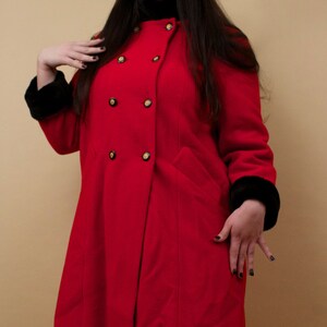 80s Vtg Rothschild Red & Black Faux Fur Wool Military Inspired Pea Coat Double Breasted Button Mock Collar Plus Size Designer L XL 12 tag 14 image 7