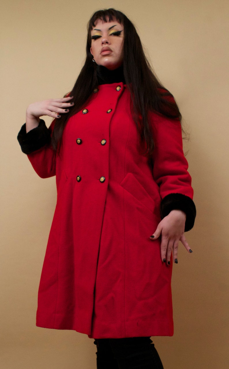 80s Vtg Rothschild Red & Black Faux Fur Wool Military Inspired Pea Coat Double Breasted Button Mock Collar Plus Size Designer L XL 12 tag 14 image 7