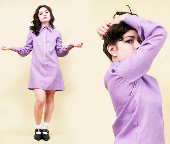 60s Vtg Pastel Purple LINEN Micro Mini Dress Point
