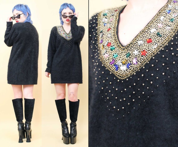 80s Vtg Angora Rabbit Fur Knit Jet Black Sweater Mini Dress Tunic Gemstone Moon Star Rainbow Detail Beading Women's tag oversized XS