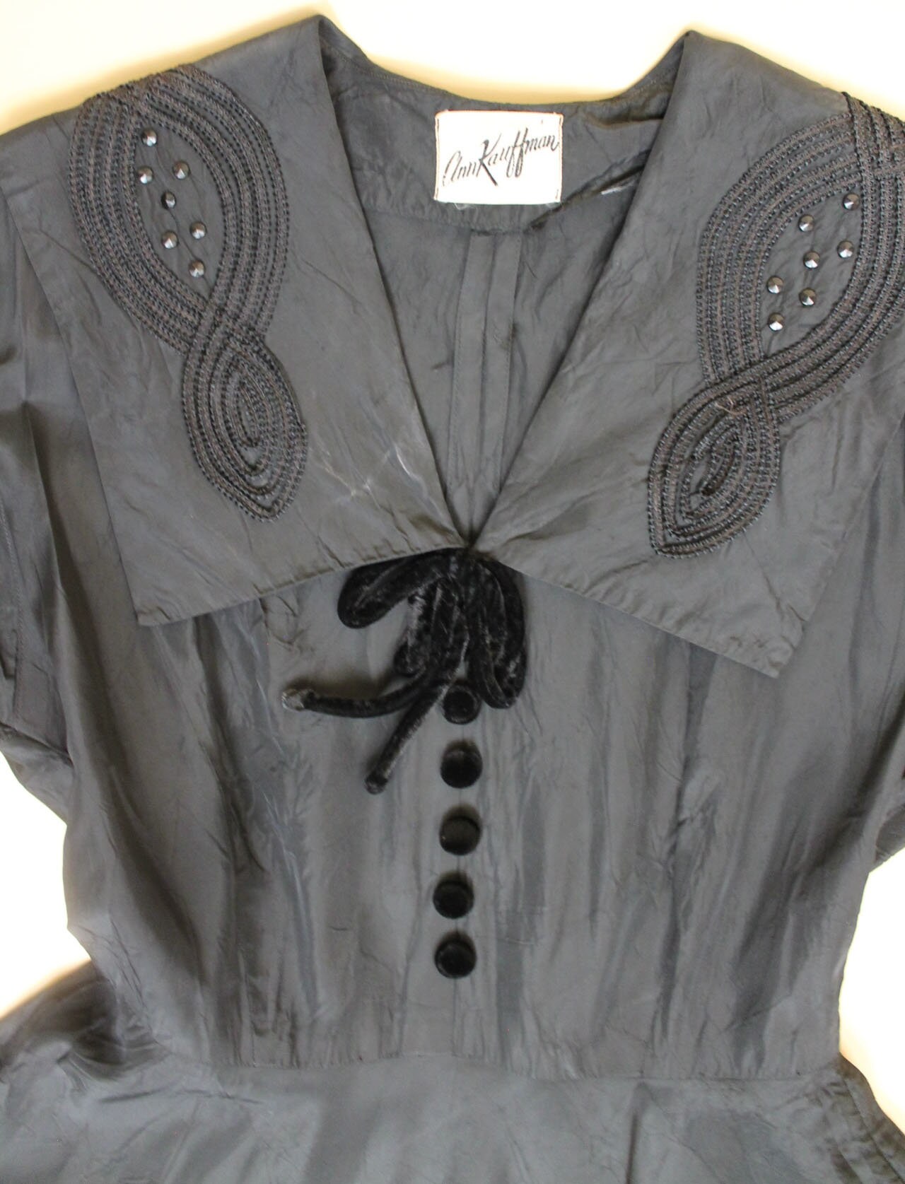 40s 50s Vtg Black Sailor Collar Silk Velvet Tie Taffeta 40s 50s Vtg Black Sailor Collar Silk Velvet Tie Taffeta
