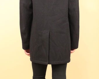 60s Vtg Black Wool Pea Coat Gold Anchor Military Button Sailor