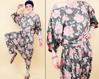 80s Vtg Gauzy Cotton Rose Print Black Pink Floral Drop Crotch 2pc Matching Pant Set Harem Boxy fits S-M B38" W27-30" H50"