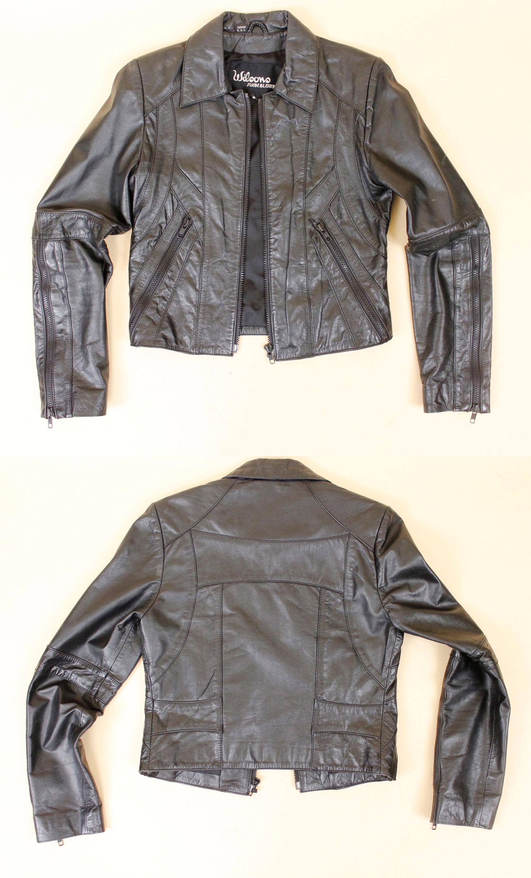 70s 80s Vtg Black Leather Zip up Cafe Racer Collared Tiny Fit