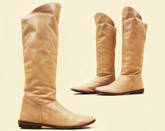 70s 80s Vtg Tan Beige Leather Knee High Riding Boots Flat Sole Pull On Women's US 6 EU 36