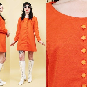 60s Vtg Bright Orange Long Sleeve Mini Dress Button Front Mod Scooter Go Go Textured Polyester Women's Sm-Medium Bust 38" Waist 36" Hip 40"