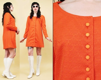 60s Vtg Bright Orange Long Sleeve Mini Dress Button Front Mod Scooter Go Go Textured Polyester Women's Sm-Medium Bust 38" Waist 36" Hip 40"