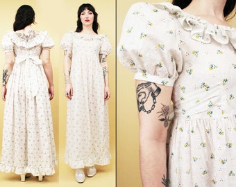 70s Vtg White Eyelet 100% Cotton Floral Print Ruffle Collar Puff Sleeve Maxi Dress Prarie Cottage Hippie Folk Teen Junior Women's Xxs Xs