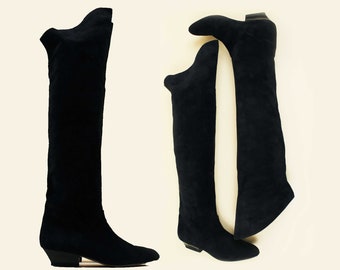 80s Vtg OTK Italian Suede Black Leather Almond Toe Boots Pull On Low Heel Flats Women's US 7 EU 37.5