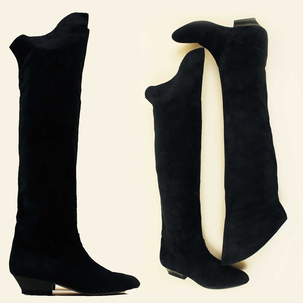 80s Vtg OTK Italian Suede Black Leather Almond Toe Boots Pull On Low Heel Flats Women's US 7 EU 37.5