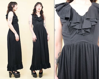 60s 70s Vtg Black Maxi Dress Ruffle Collar Empire Waist Love Witch Goth Glam Mod Women's Xs Sm