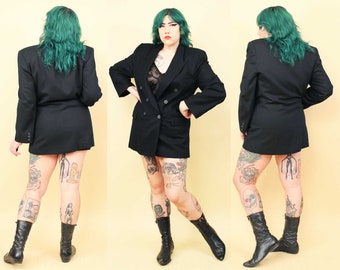 80s Vtg Black Wool Blazer Evan Picone Pointy Collar Button Front Business Goth Women's Plus Size tag 14 L B40" W38" H40" L32"