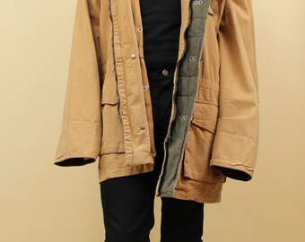80s 90s Vtg Brown Cotton Canvas Metal Clasp Oversized Chore 80s 90s Vtg Brown Cotton Canvas Metal Clasp Oversized Chore