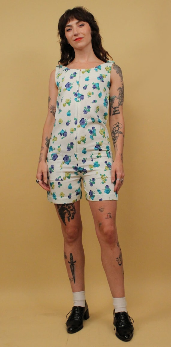 60s Vtg Mod White Green Blue Floral Cotton Romper… - image 2