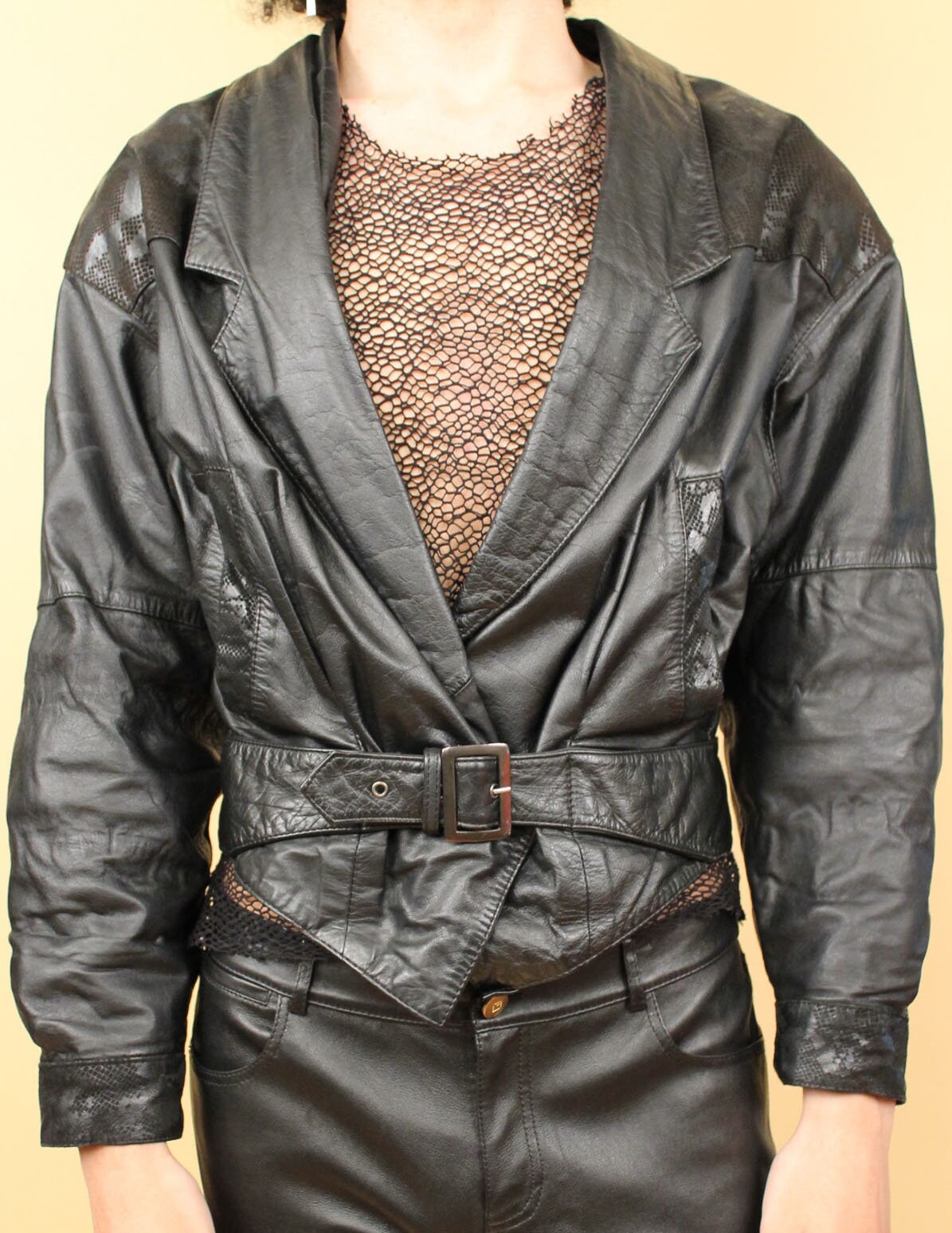 80s Vtg Black Leather Jacket Cropped Coat V Shape Buckle Front New