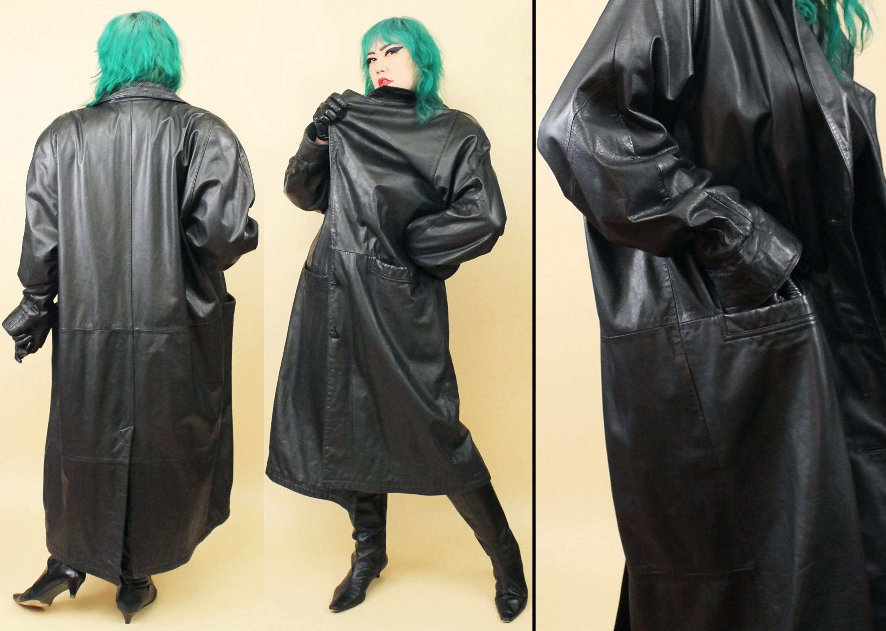 80s Vtg Black Long Cocoon Trench Coat Futuristic Matrix Goth