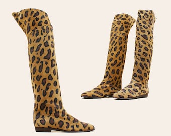 80s Vtg Leopard Italian Leather Lace Up OTK Knee High Boot Flat Pointy Pointed Deadstock Incredible! US 6 6.5 EU 36 36.5