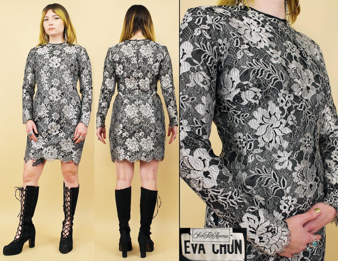 Fifth Eva R 80s 90s Eva Chun Saks Fifth Ave Black Silver Metallic Lace Long Sleeve ...