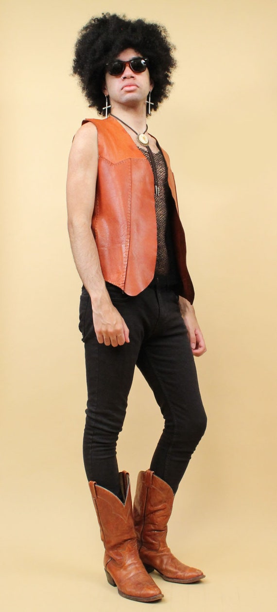 60s 70s Vtg Brown Leather Whipstitch Vest Jacket … - image 7