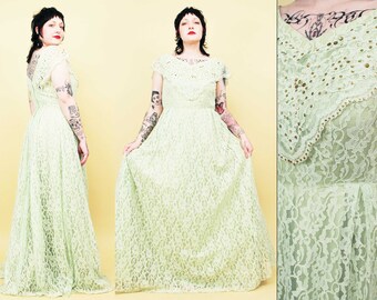 60s Vtg Floor Length Mint Green Pistachio Lace Sequin V Collar Formal Party Dress Women's M B34-36" W30" H42" L58"