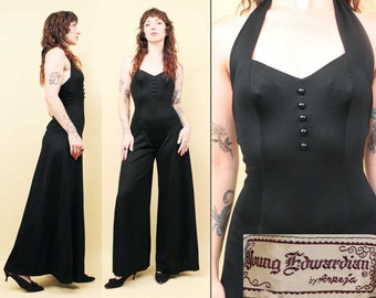 70s Vtg Young Edwardian Black Super Wide Leg Jumpsuit Sleeveless Halter Tie Neckline Women's Xs 2 4