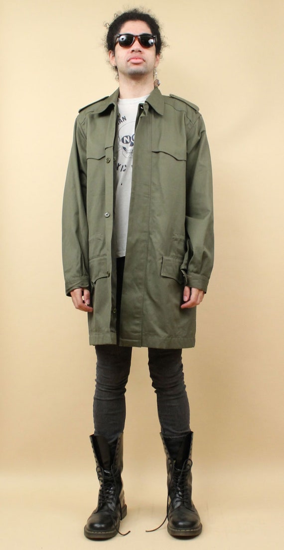 80s Vtg Italian Army Green Cotton Chore Coat Long… - image 3