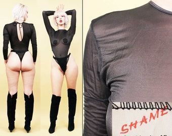 80s Vtg Black Sheer Mesh Bodysuit Hi Cut Thong String Tie Back See Through by SHAME Fetish Wear Lingerie Women's tag M/L fits like a Small