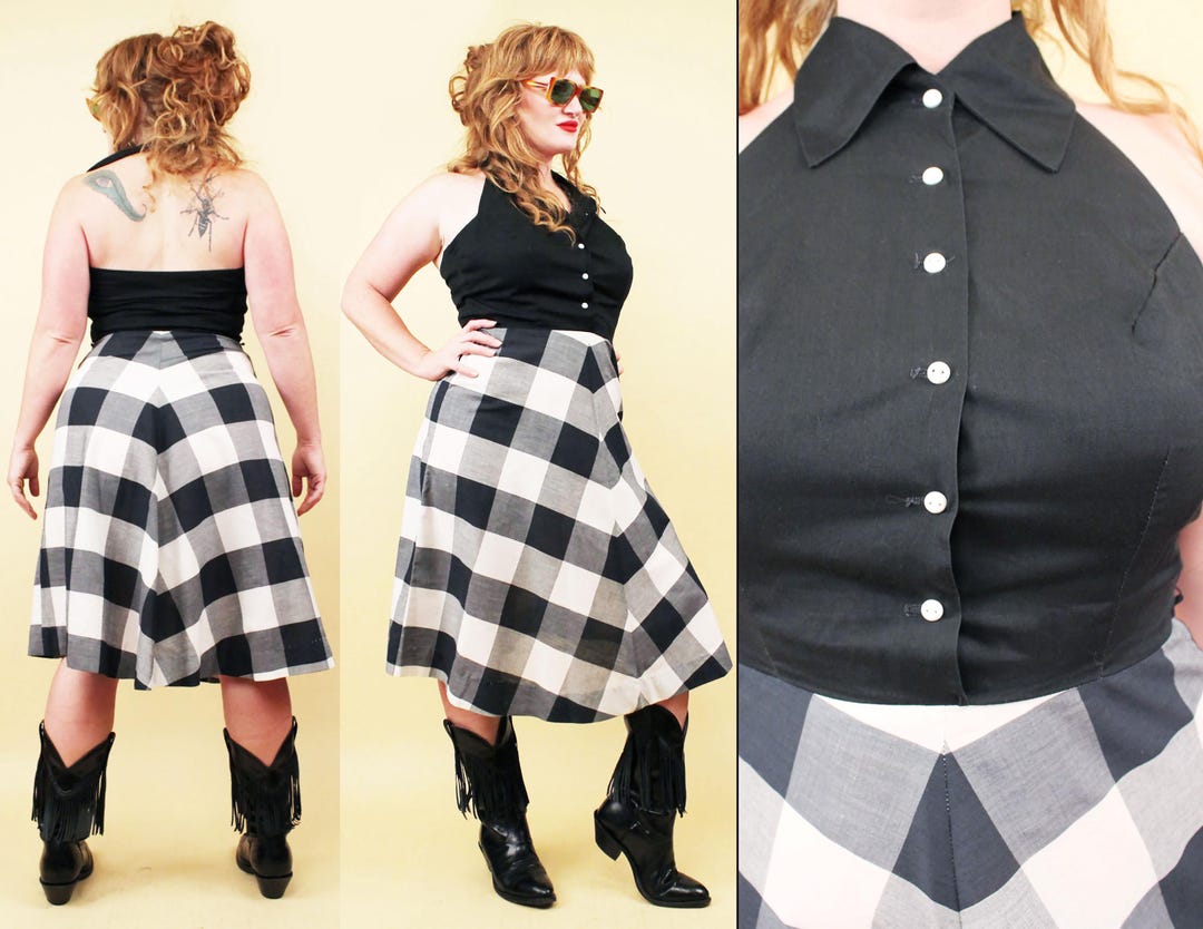 70s Does 50s Vtg Black & White Gingham Plaid Cotton Poly