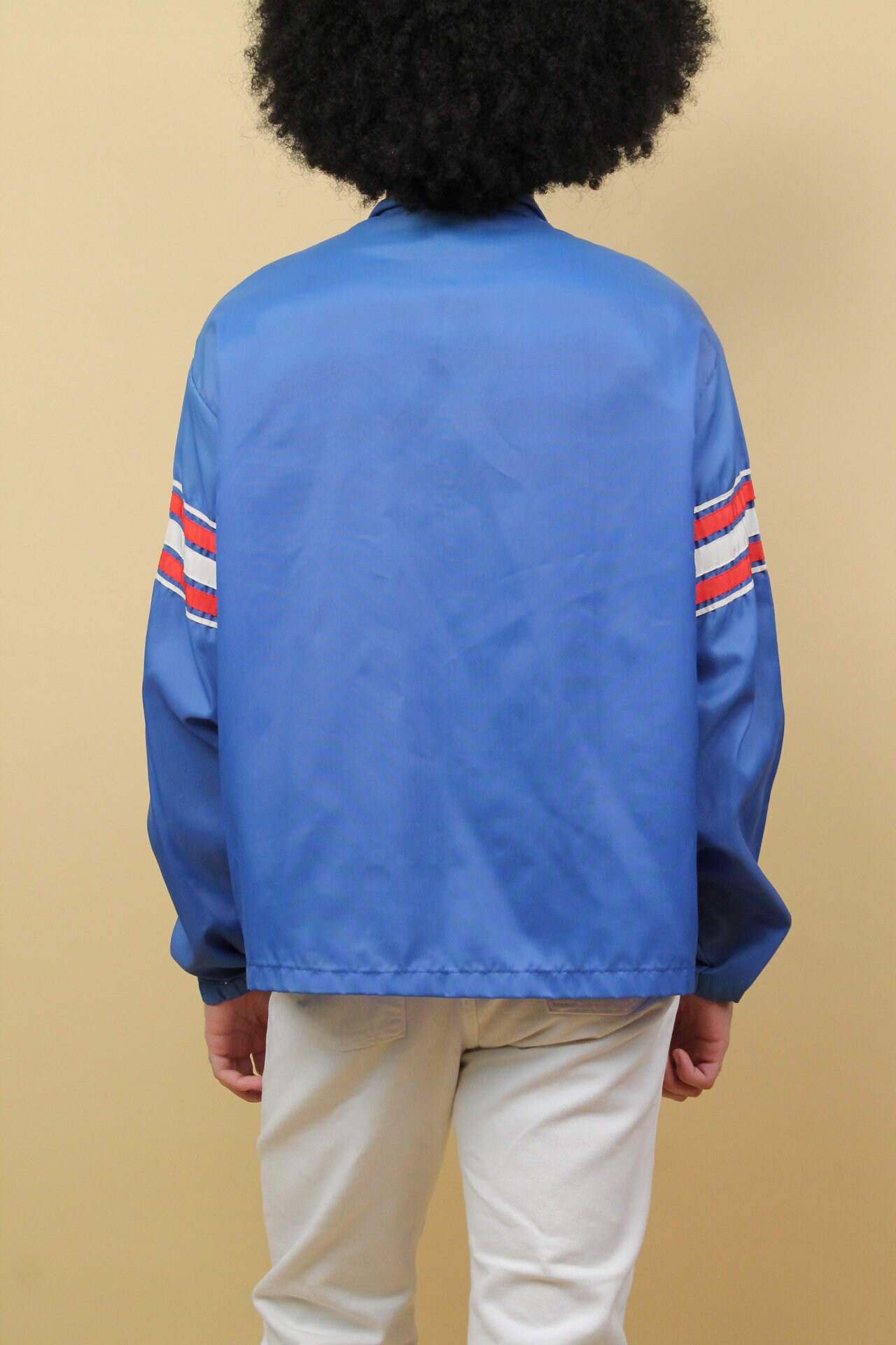 60s 70s Vtg Blue Nylon Stripe Mod Zip up Jacket Racer Sport