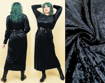 80s 90s Vtg Black Blue Undertone Stretch Velvet Maxi Dress Scoop Neckline Long Sleeve Women's Plus Size tag 16/18 XL B46" W42" H48" L50"