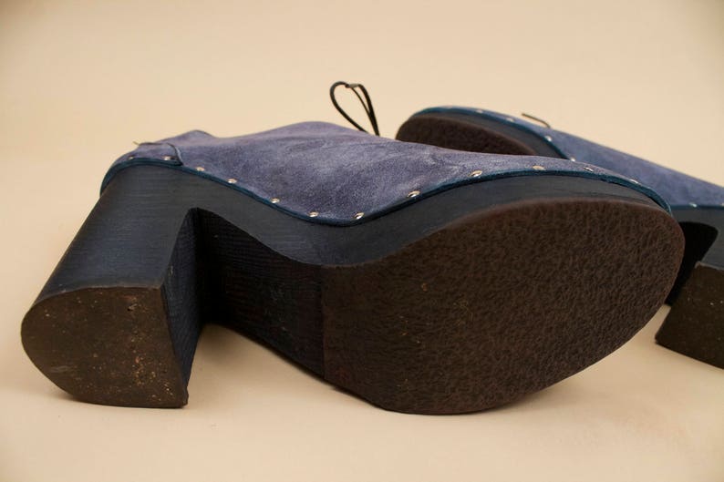 70s Vtg rare SBICCA Genuine Leather /'Blue Jean/' Look Wood Platform Ankle Boot Clog Chunky Rivet Stud Lace Up GLAM Rocker 6.5 7 Eu 37 37.5