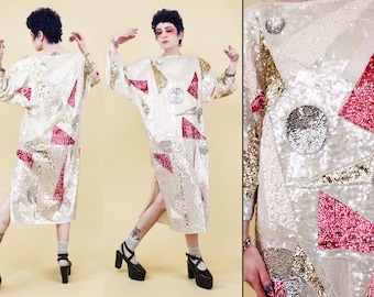 80s Vtg Sequined Gown Sheath Dress Shapes New Wave Liquid Sky Formal Gown White Pink Gold S-M B39" W38" H38" L44"