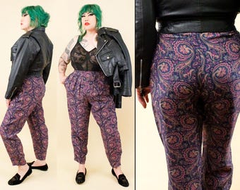 80s Vtg Genuine Silk Paisley High Waist Pant Trouser Tapered Diane Gilman Women's tag M W28-32" H44" Inseam 28"