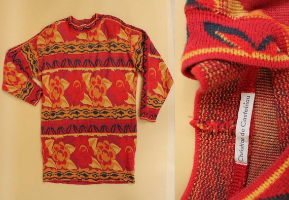 80s Vtg Floral 100% Cotton Sweater Mini Dress Lon… - image 10